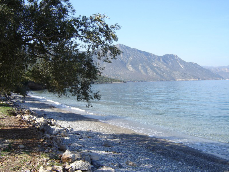 Plage de galets près du terrain à vendre au bord de la mer Egée (Grèce)